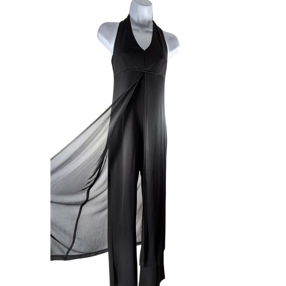 Vintage Black Halter Jumpsuit Chiffon Overlay‎ Skirt & Open Back Design Size 7